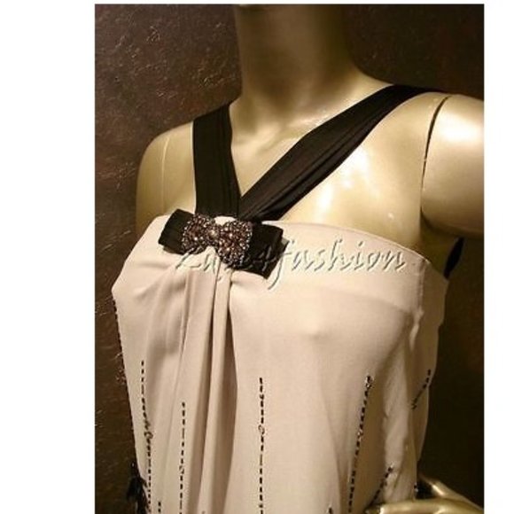 NWT 6267 Light Dove Gray Beaded Bow Rhinestone Pleated Dress 8 - Picture 2 of 6